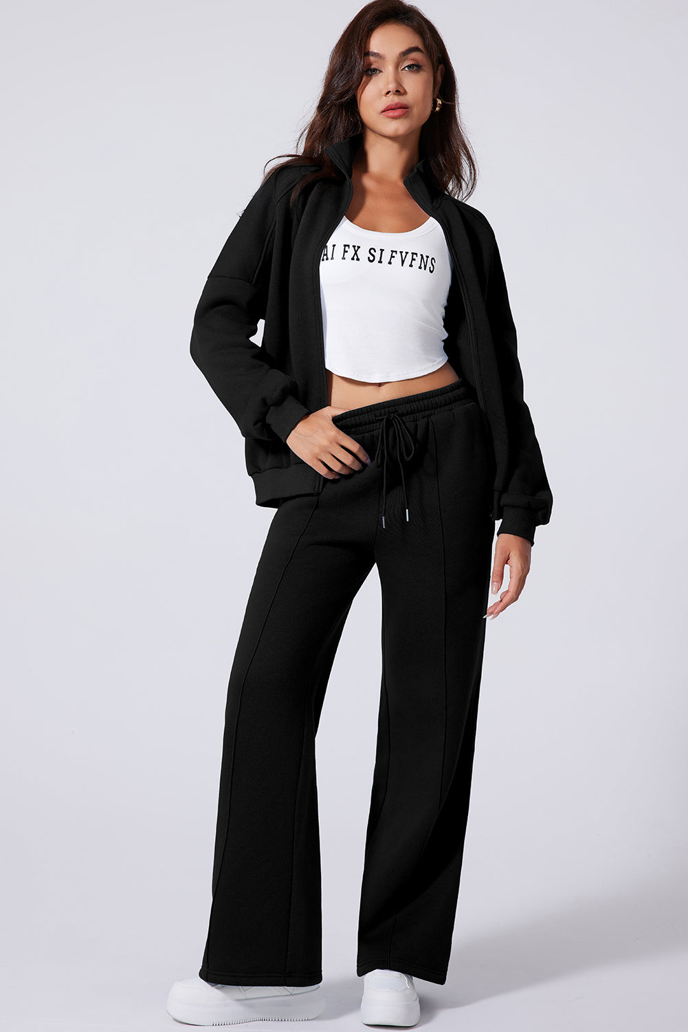 Drop Shoulder Zip Up Jacket & Drawstring Pants Active 2-Piece Set