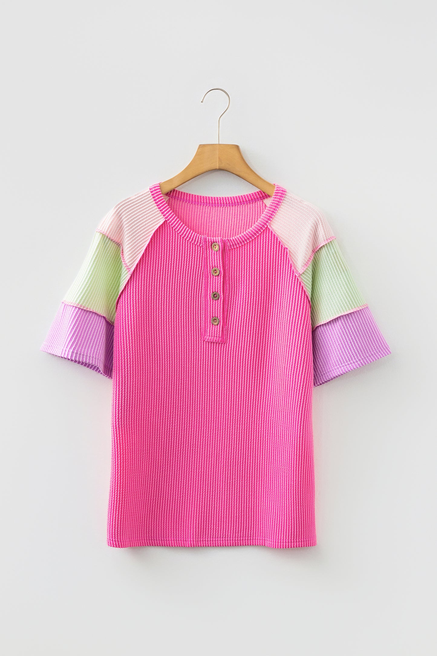 Twisted Ribbed Colour Block Patchwork Henley Short Sleeve T-Shirt - Bright Pink