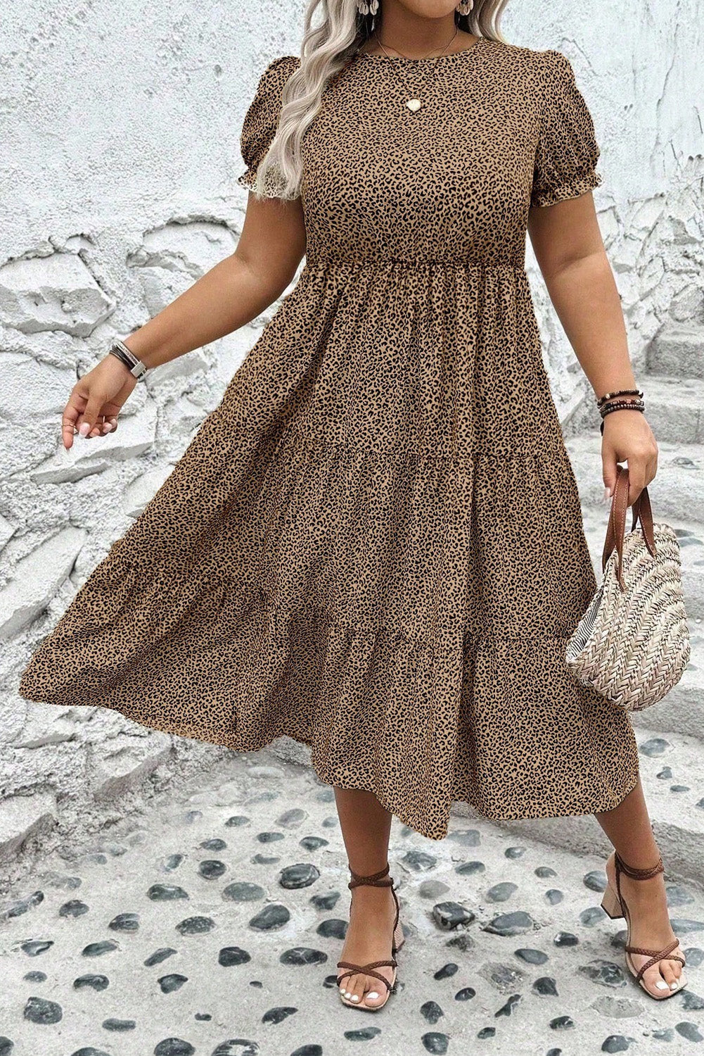 Leopard Print Frill Trim Short Sleeve Flared Dress