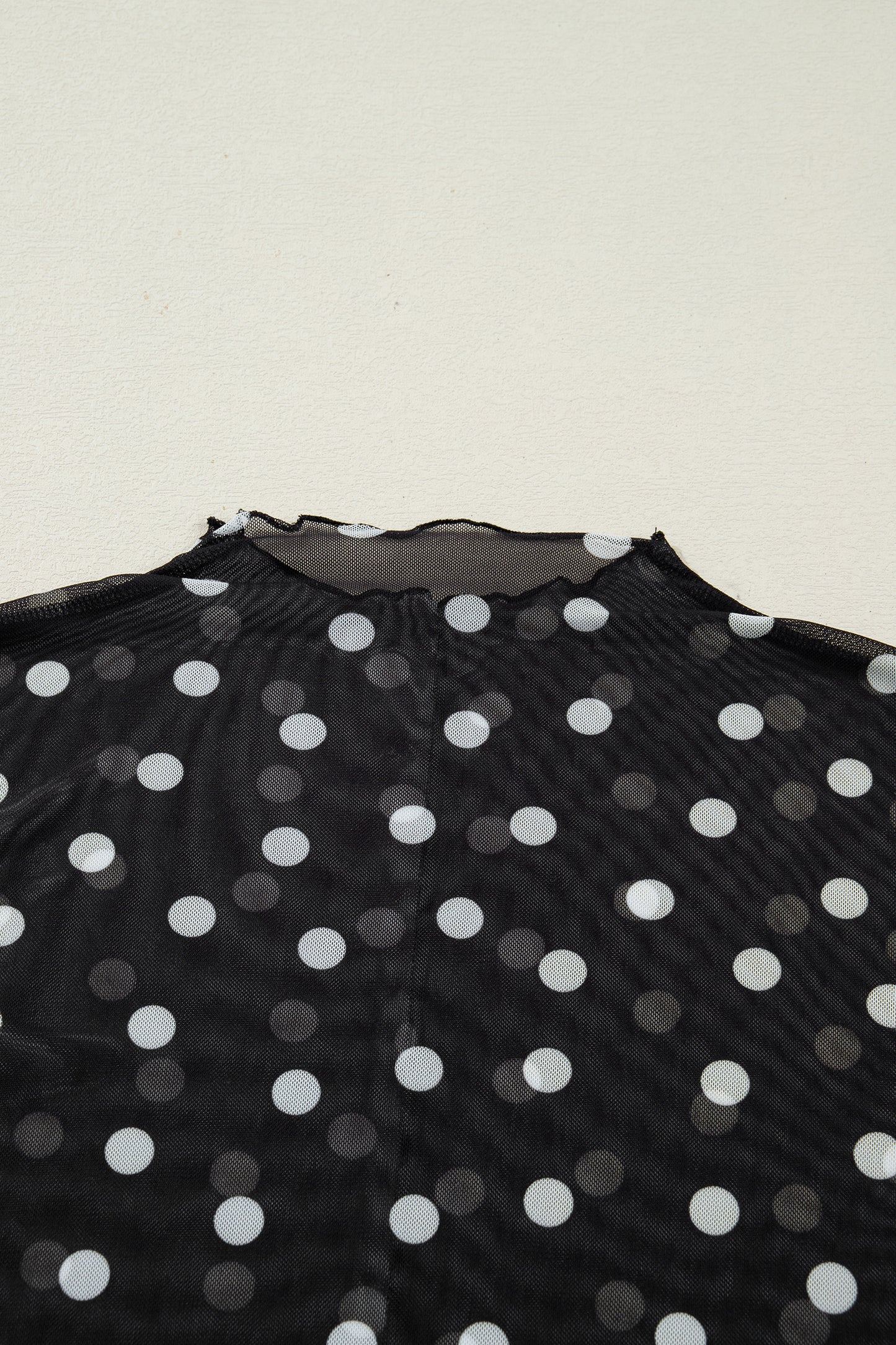 Polka Dot Patterned Bodycon Mock Neck Mesh Long Sleeve Top