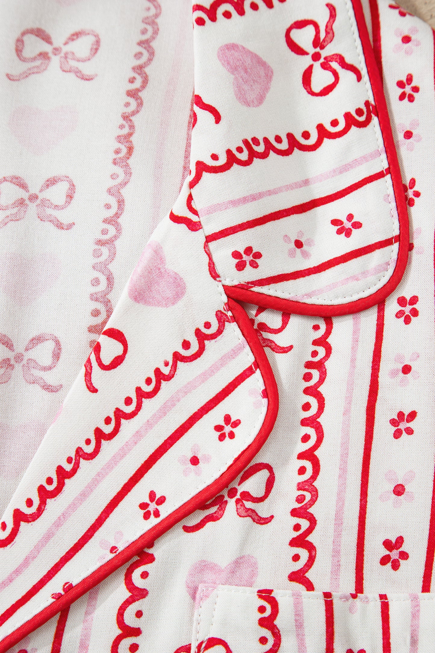 Bow Heart Print Ribbon Decor Short Pajama Set - Red