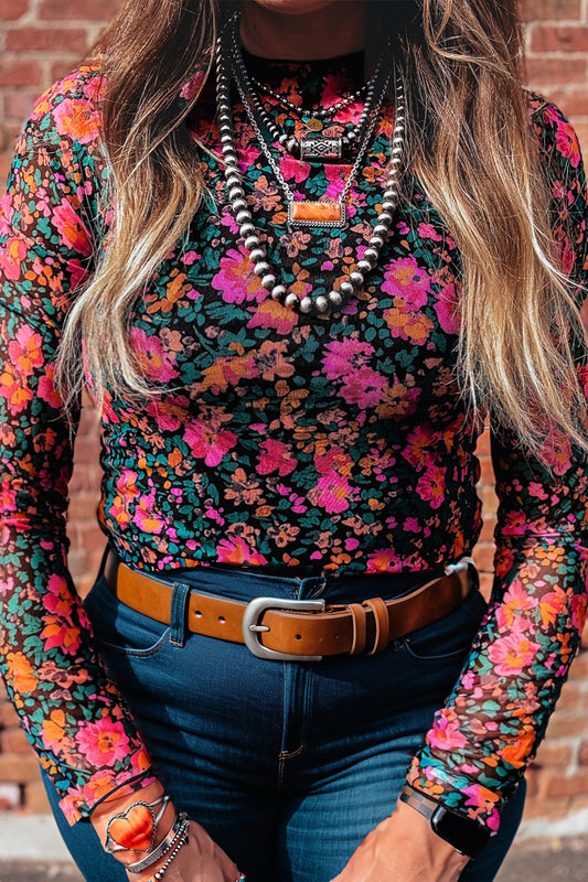 Plus Size Vintage Floral Print Mesh Long Sleeve Top