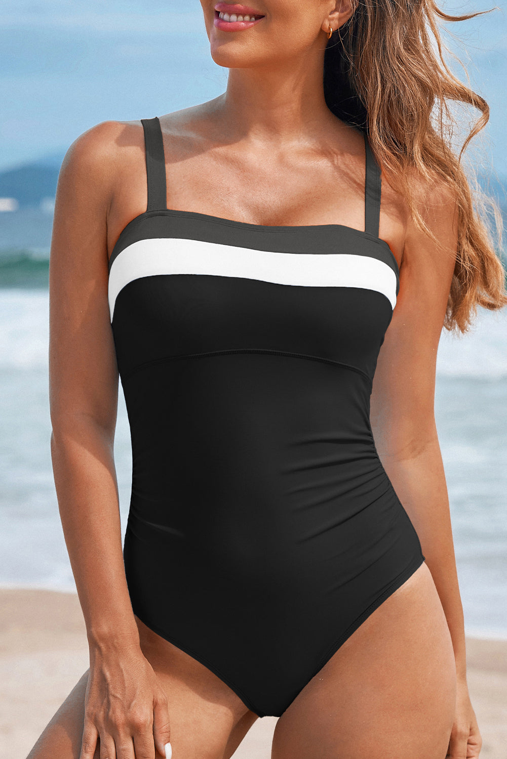 Colour Block Detail Adjustable Straps One Piece Swimsuit - Black