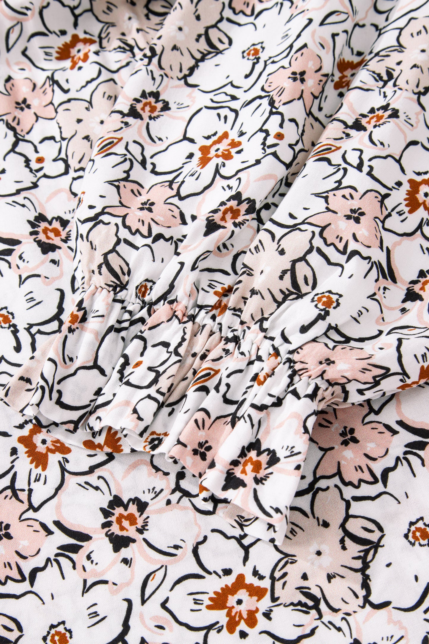 Bold Floral Print Frilled Puff Sleeve Button Down Shirt - Khaki