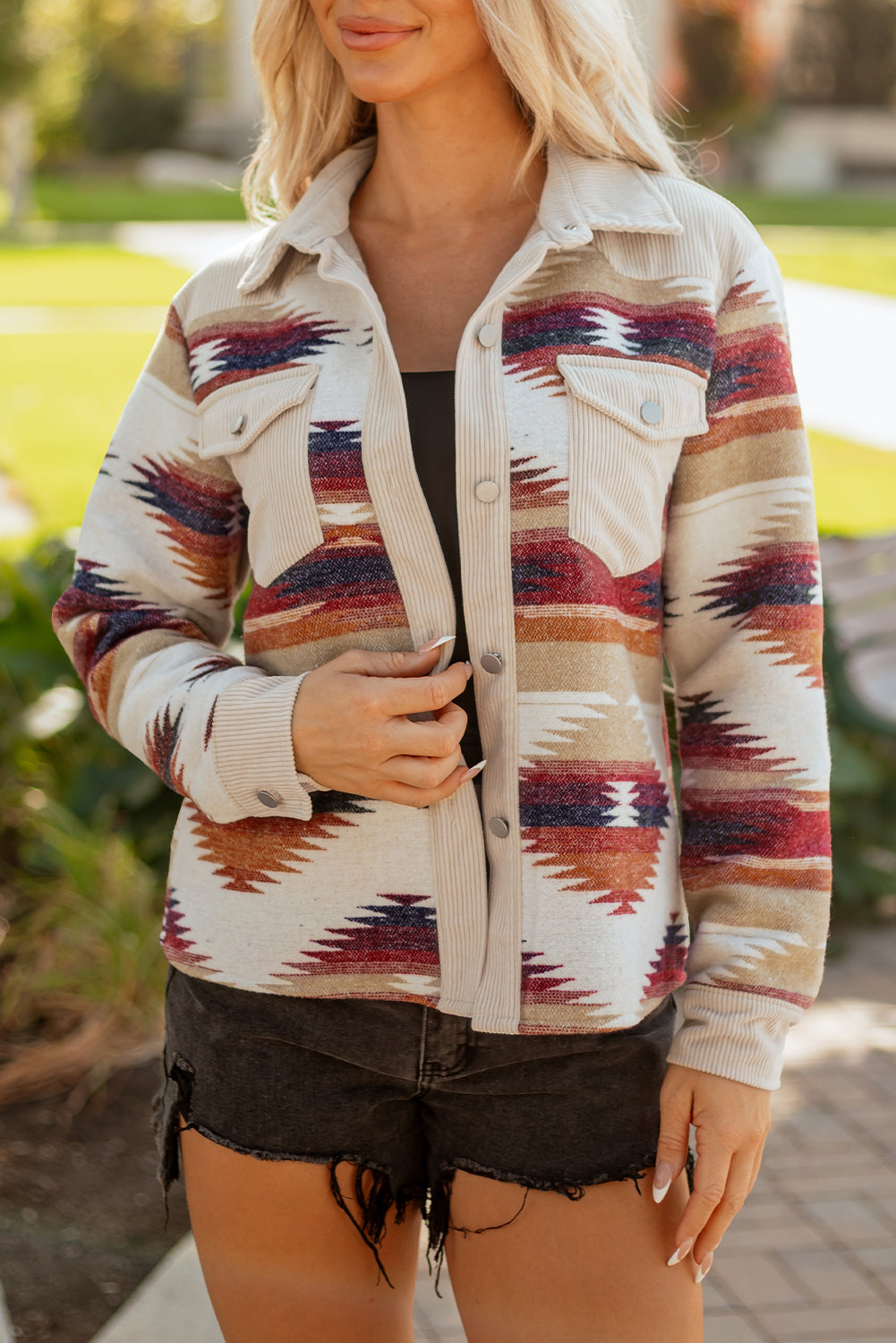 Multicolour Western Aztec Ribbed Patchwork Shacket