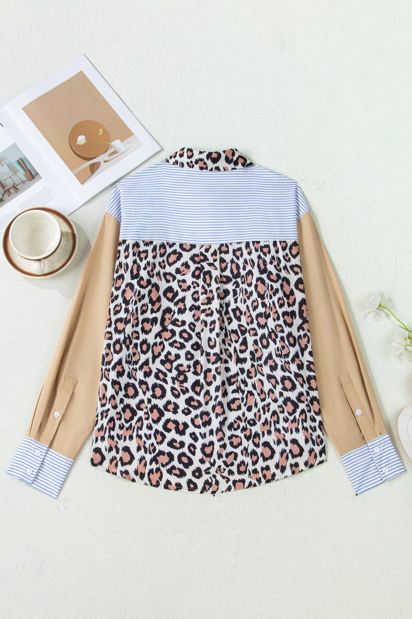 Stripe Colorblock Leopard Patchwork Chest Pocket Cuffed Sleeve Shirt