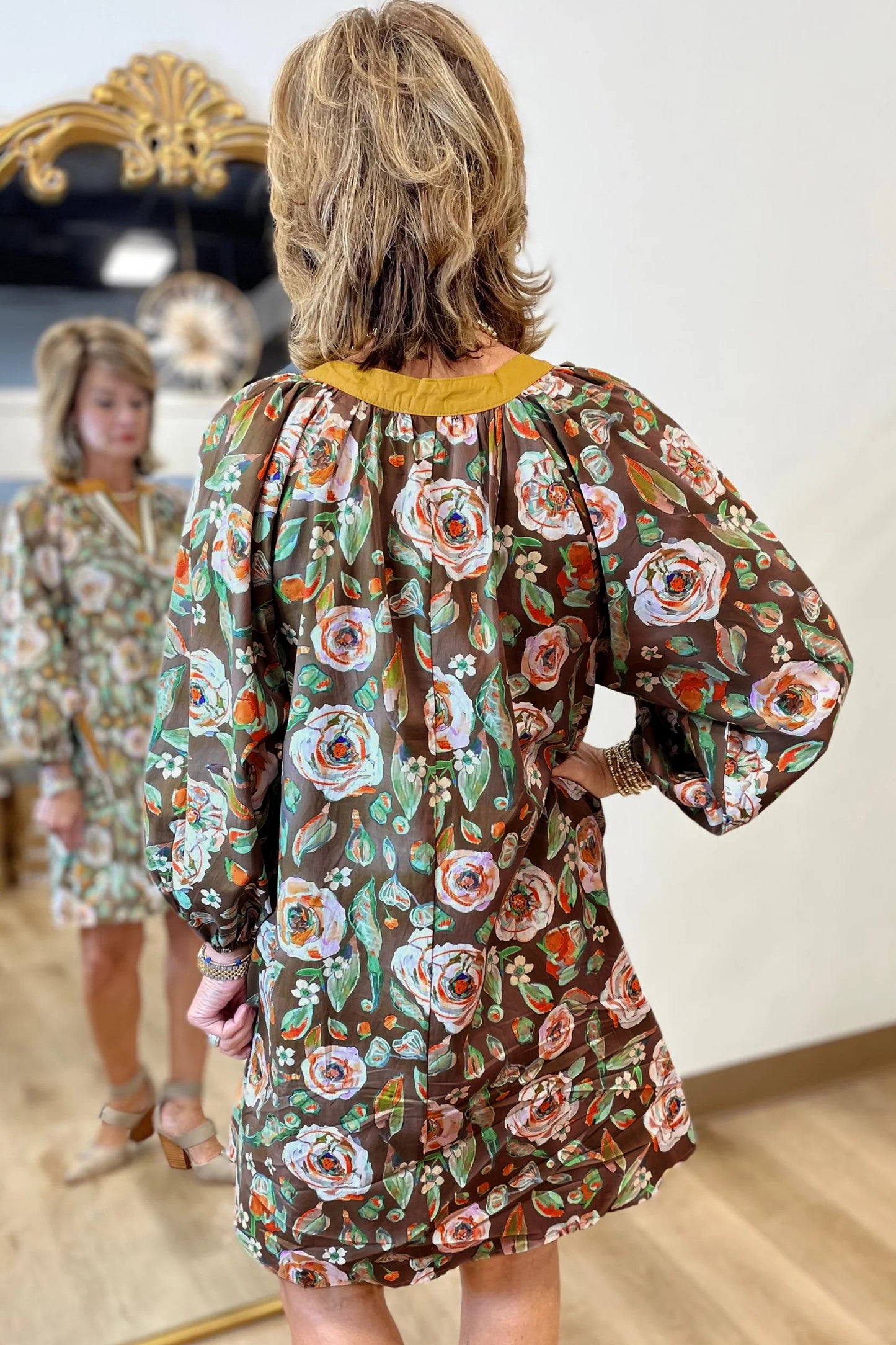 Floral Print Contrast Trim V Neck Pocketed Long Sleeve Mini Dress