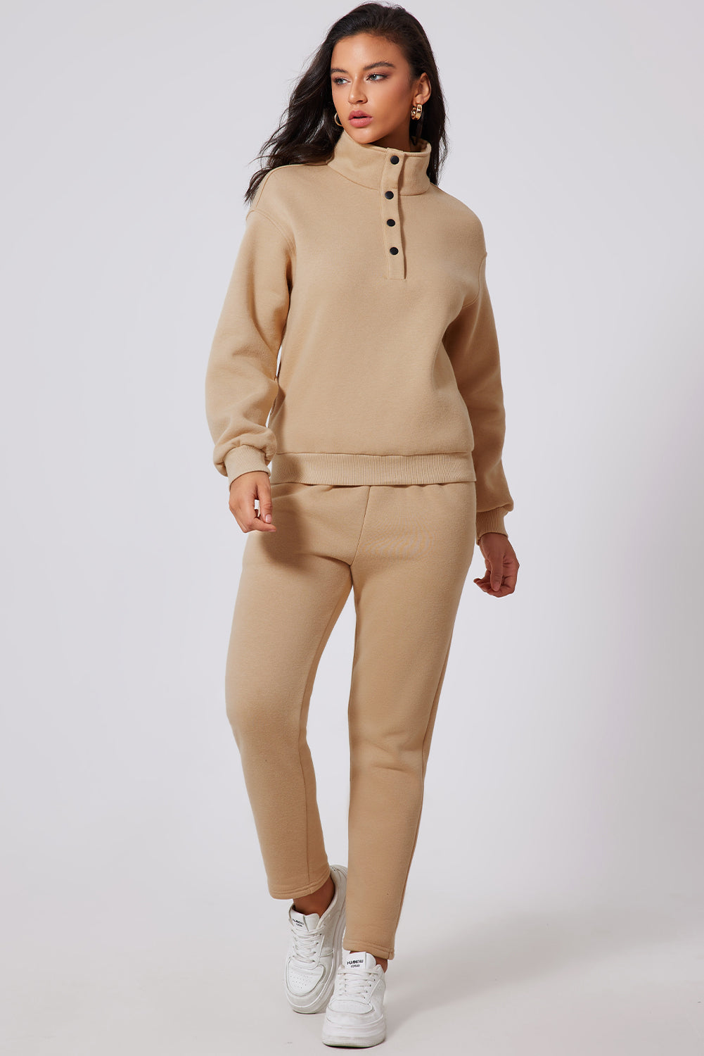 Solid Half Button Sweatshirt and High Waist Sweatpants Set