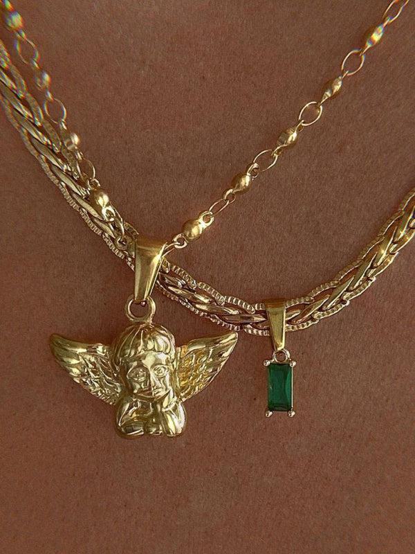 Retro style angel Cupid with Green Zircon Pendant Necklace