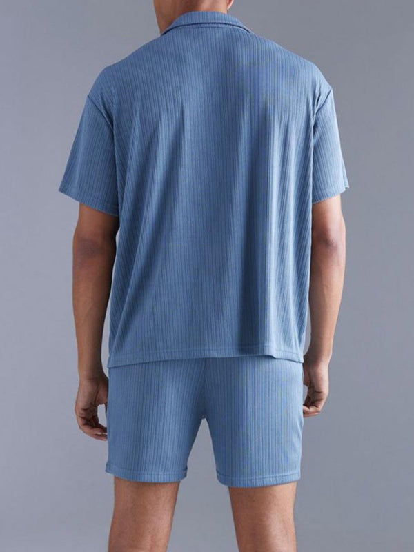 Men's casual solid colour Short-sleeved Shirt and Shorts Two-piece Set