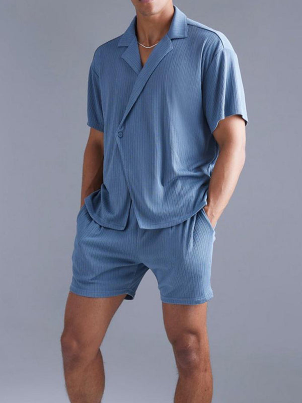 Men's casual solid colour Short-sleeved Shirt and Shorts Two-piece Set