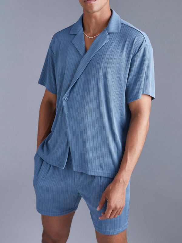 Men's casual solid colour Short-sleeved Shirt and Shorts Two-piece Set