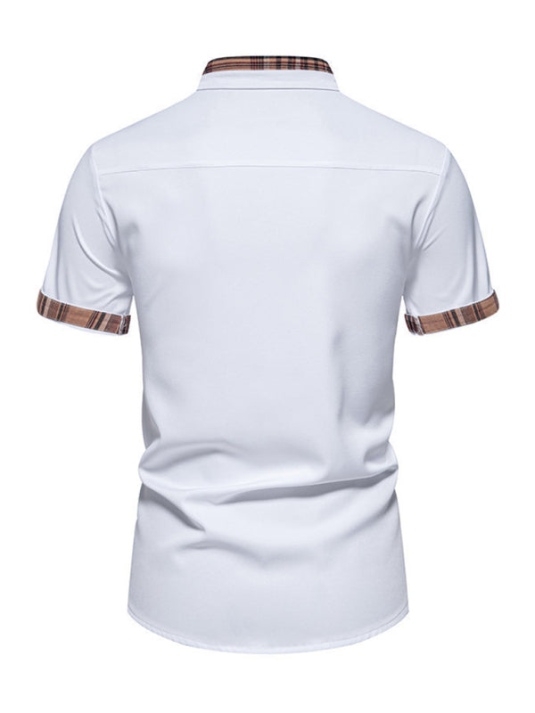 Men's Casual Collar Buttoned Plaid Colour Block Short Sleeve Shirt