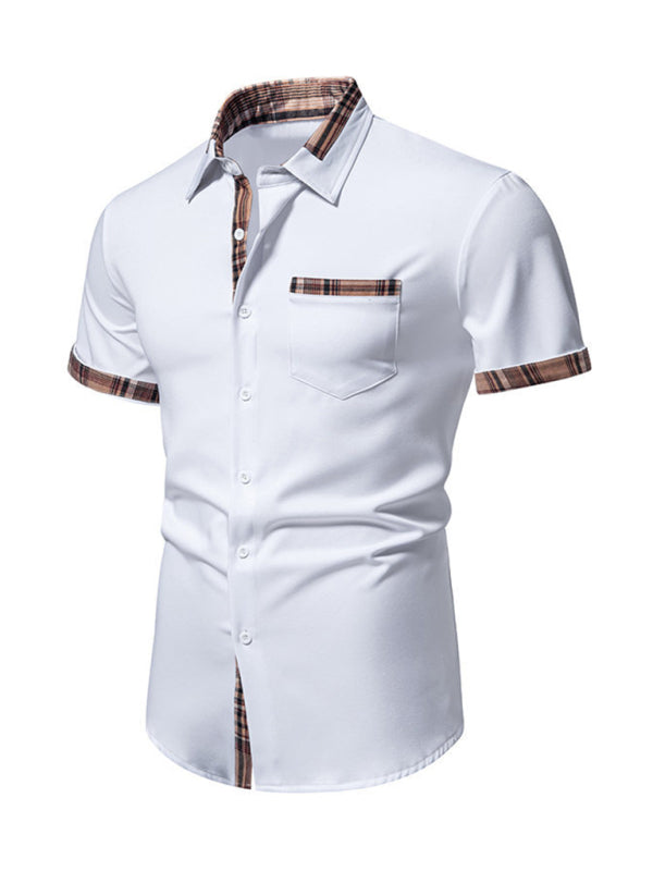 Men's Casual Collar Buttoned Plaid Colour Block Short Sleeve Shirt