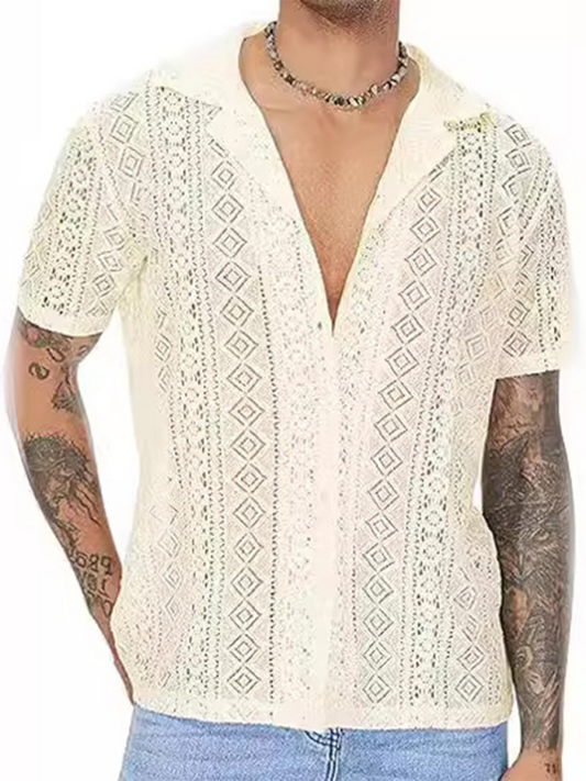 Women's lace floral Button Hollow Short-sleeved Shirt