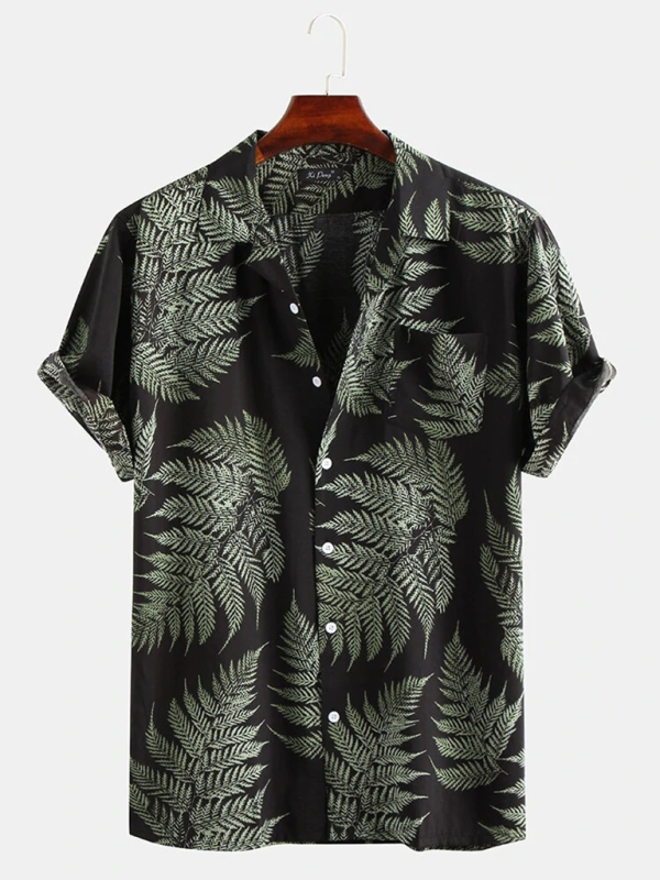 Men's Casual Loose Beach Wear Maple Leaf Print Short Sleeve Shirt