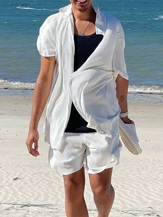 Men's Casual loose Beachwear solid colour striped short-sleeved Set