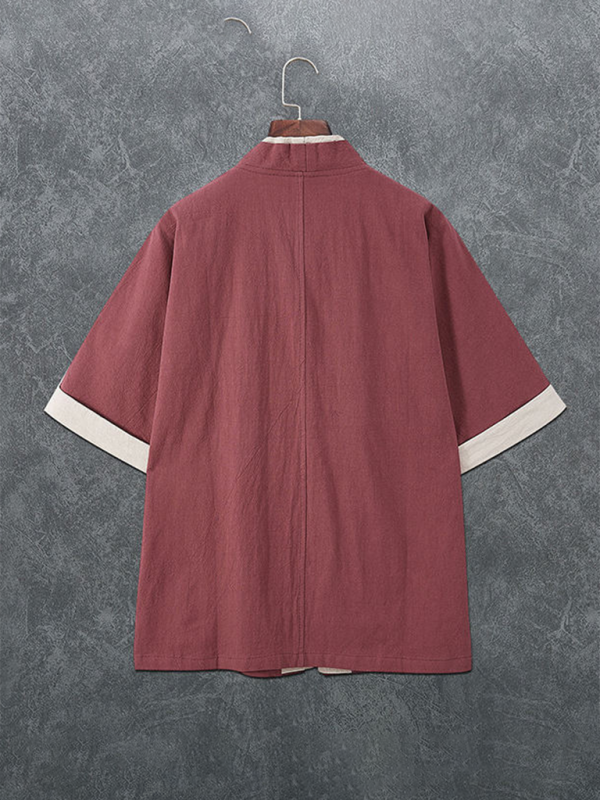 Men's casual solid colour disc button casual linen T-shirt