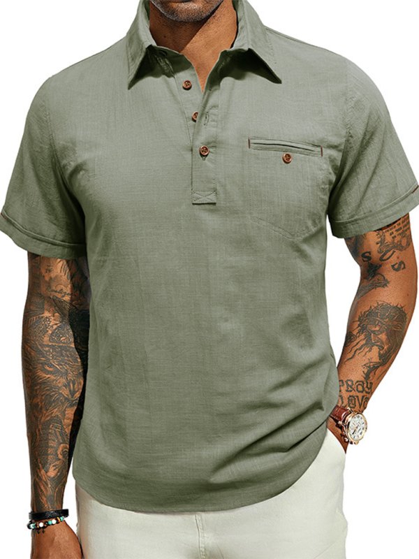 Men's casual solid colour Lapel short-sleeved Top