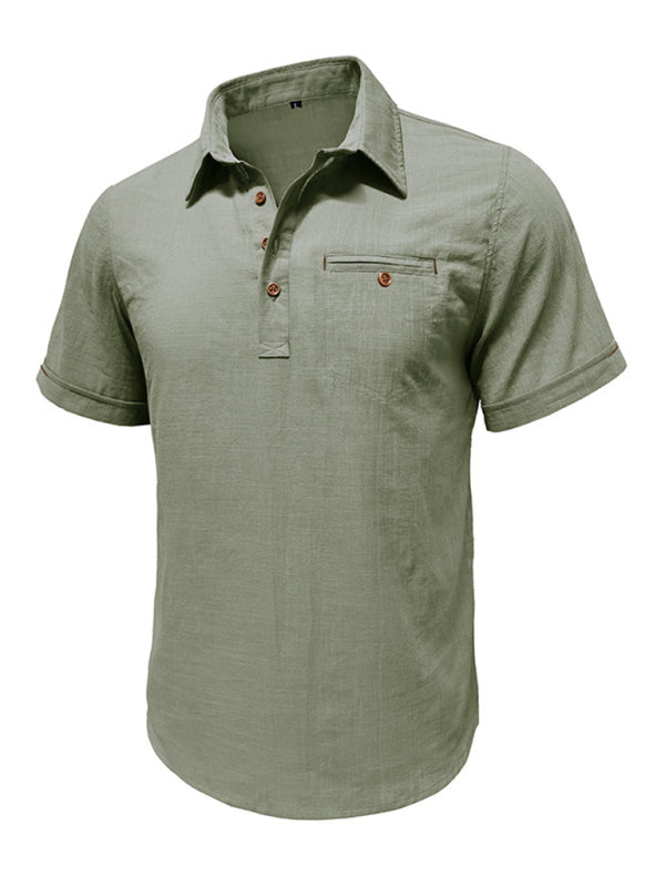 Men's casual solid colour Lapel short-sleeved Top