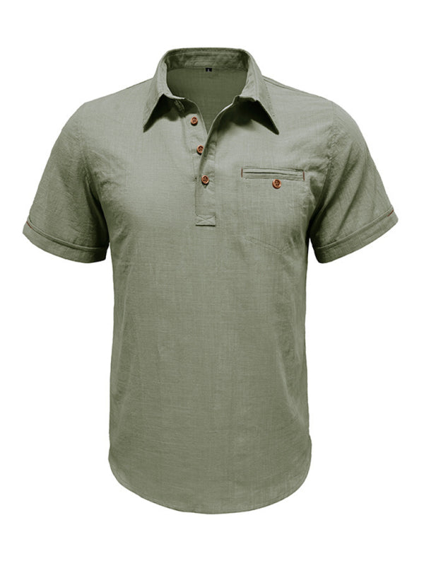 Men's casual solid colour Lapel short-sleeved Top