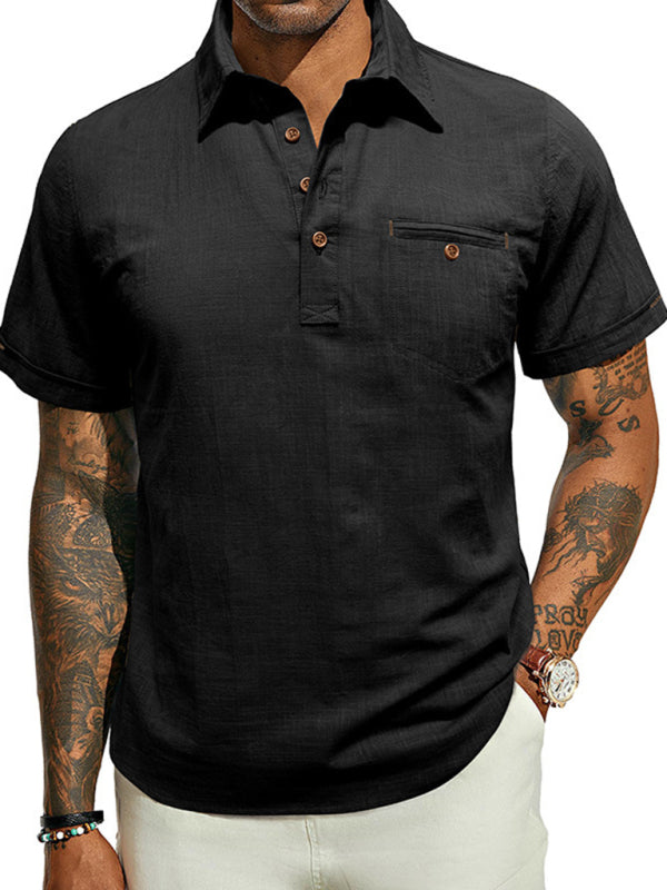 Men's casual solid colour Lapel short-sleeved Top