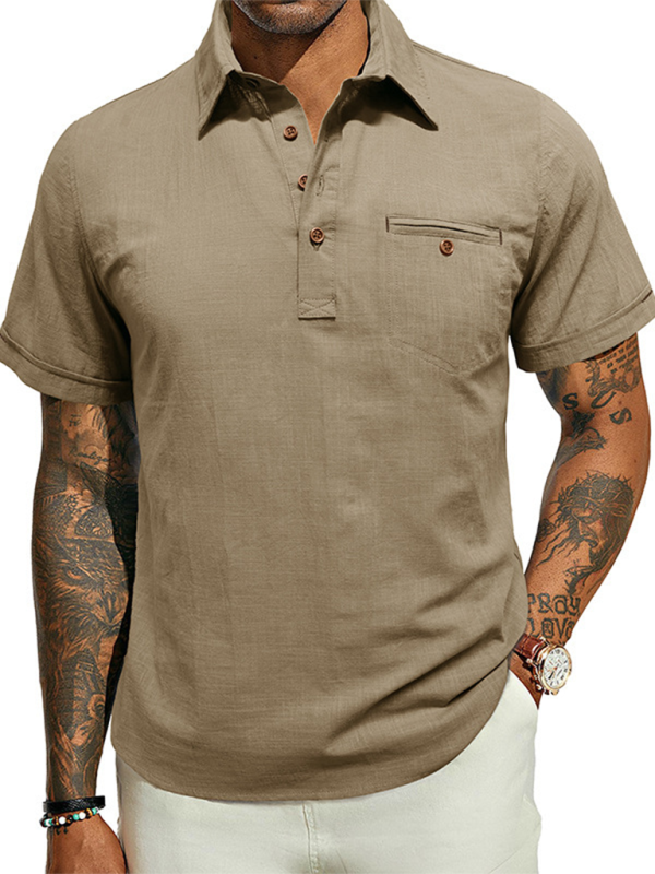 Men's casual solid colour Lapel short-sleeved Top