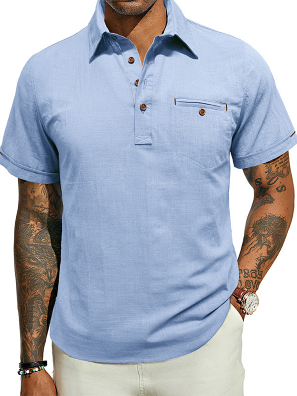 Men's casual solid colour Lapel short-sleeved Top