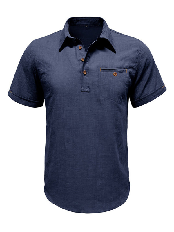 Men's casual solid colour Lapel short-sleeved Top