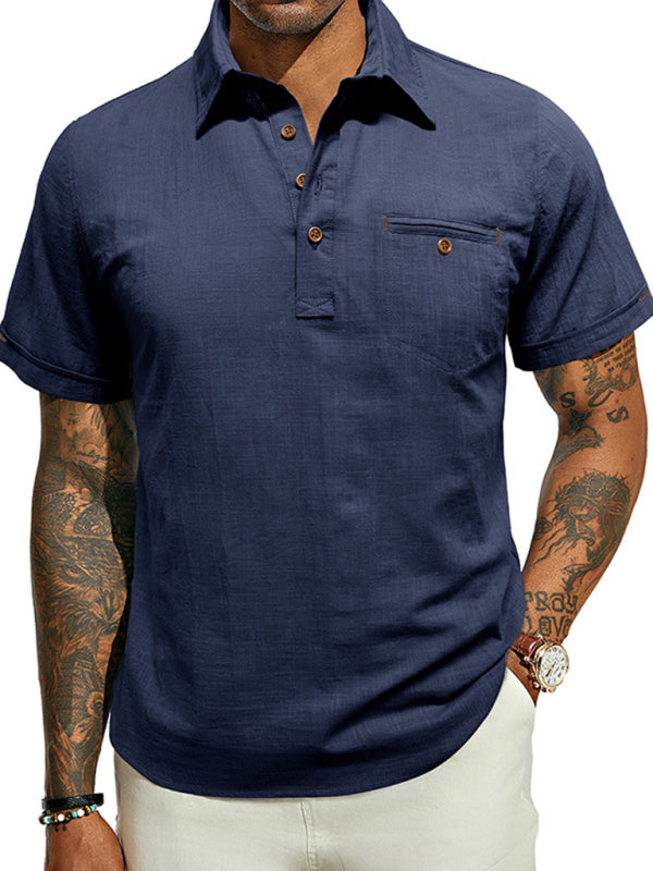 Men's casual solid colour Lapel short-sleeved Top