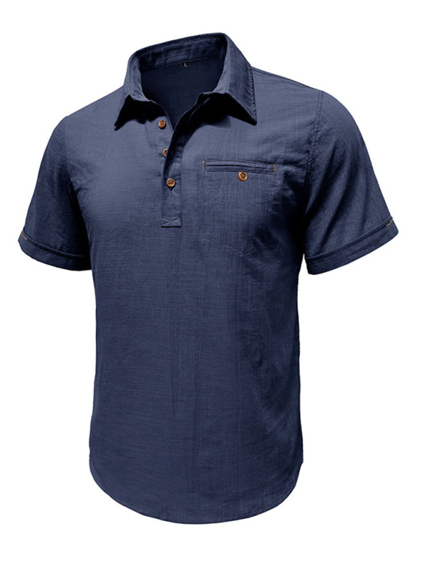 Men's casual solid colour Lapel short-sleeved Top