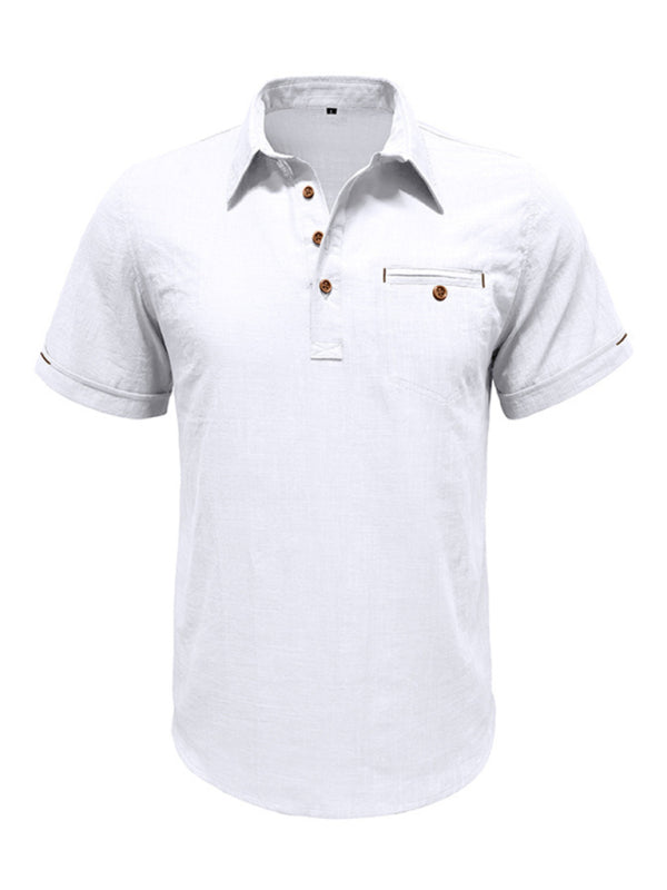 Men's casual solid colour Lapel short-sleeved Top