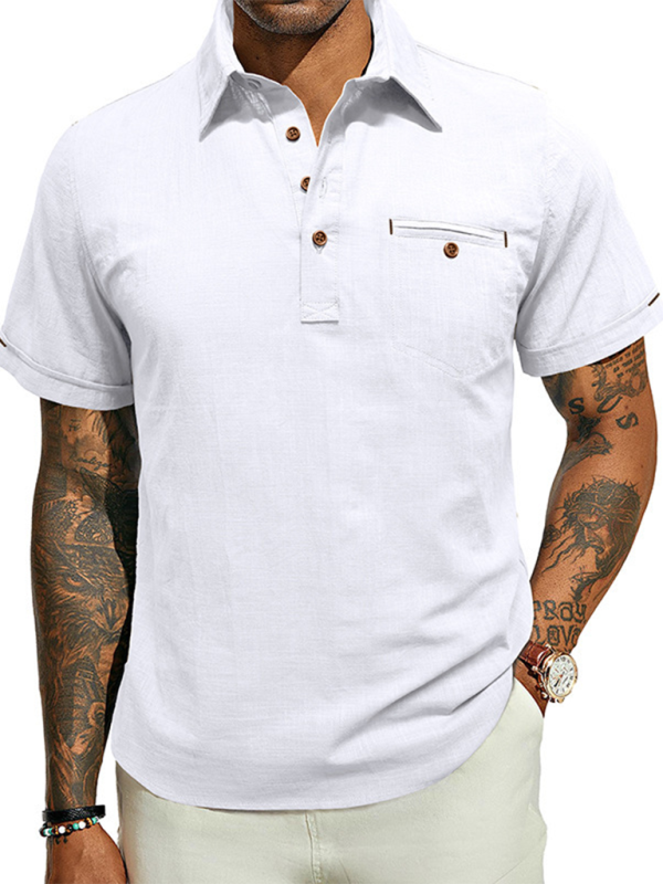 Men's casual solid colour Lapel short-sleeved Top