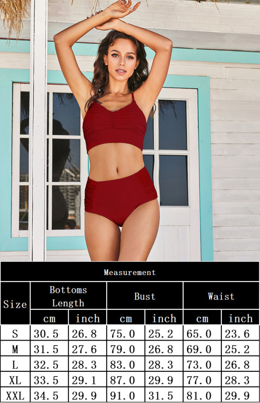 Women's Stretch Gathered Adjustment Shoulder Strap Top & High Waist Bikini Set