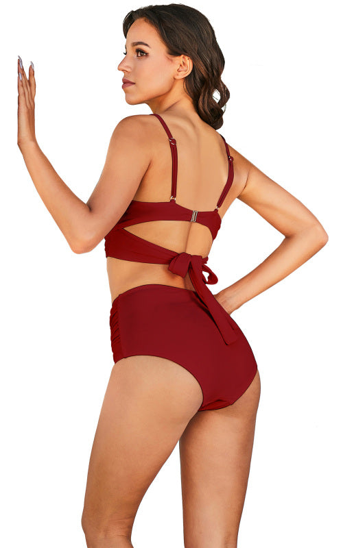 Women's Stretch Gathered Adjustment Shoulder Strap Top & High Waist Bikini Set