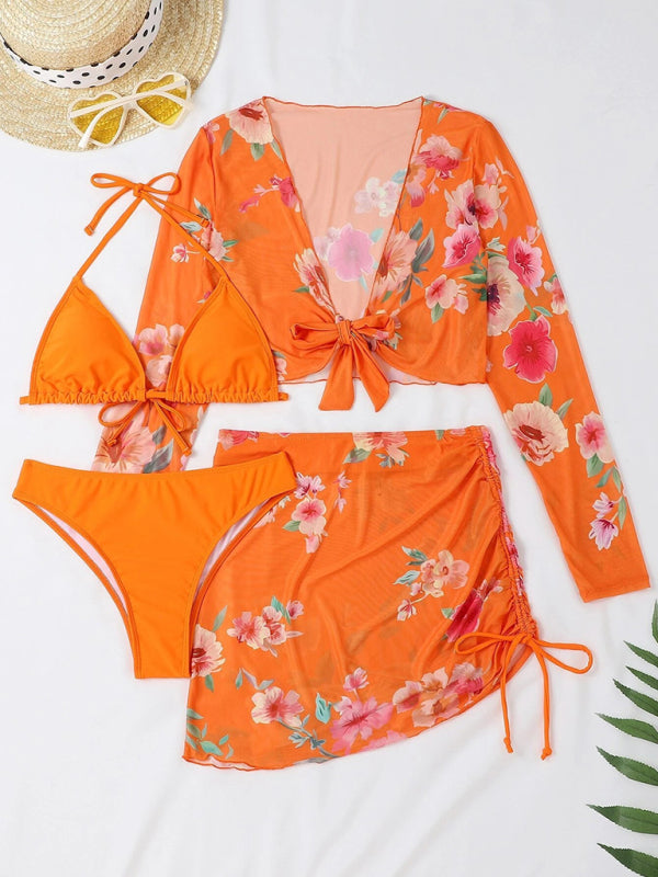 Women's Printed Drawstring Long-Sleeve Blouse Bikini Four-Piece Set