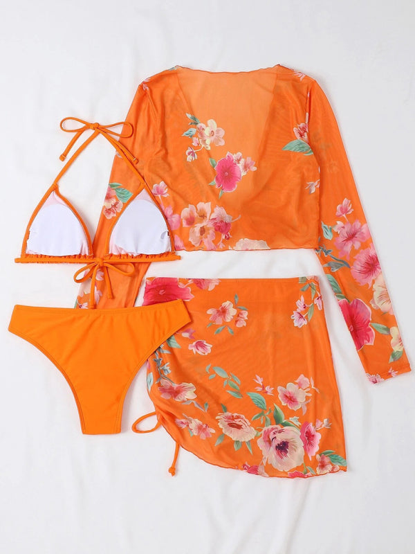 Women's Printed Drawstring Long-Sleeve Blouse Bikini Four-Piece Set