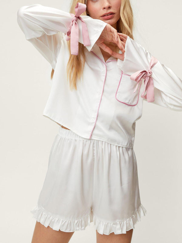 Women's Lapel long-sleeved Pyjama Shorts Two-piece set