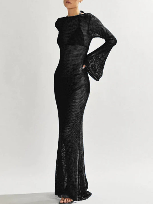 Women's Knitted long-sleeved backless length maxi Beach Dress