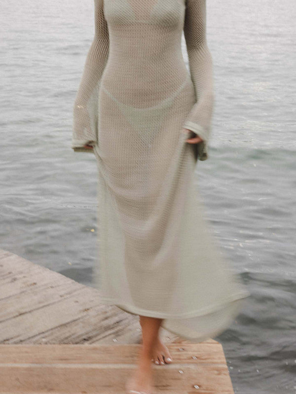 Women's Knitted long-sleeved backless length maxi Beach Dress