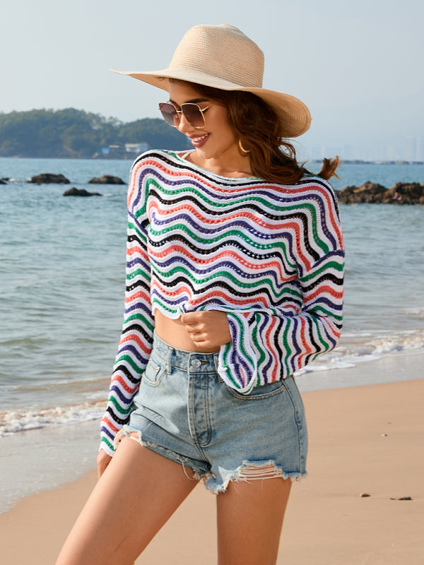 Women's Patchwork Round neck Striped Bikini Beach cover-up