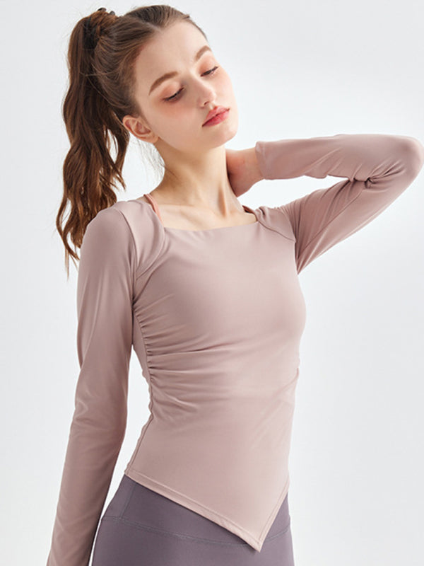 Women's Square collar Irregular Hem sports long-sleeved quick-drying running fitness Yoga Set