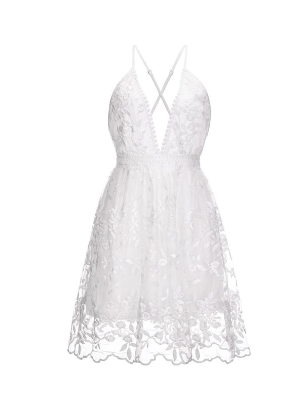 Women's Deep V-neck backless Suspender lace beach Dress