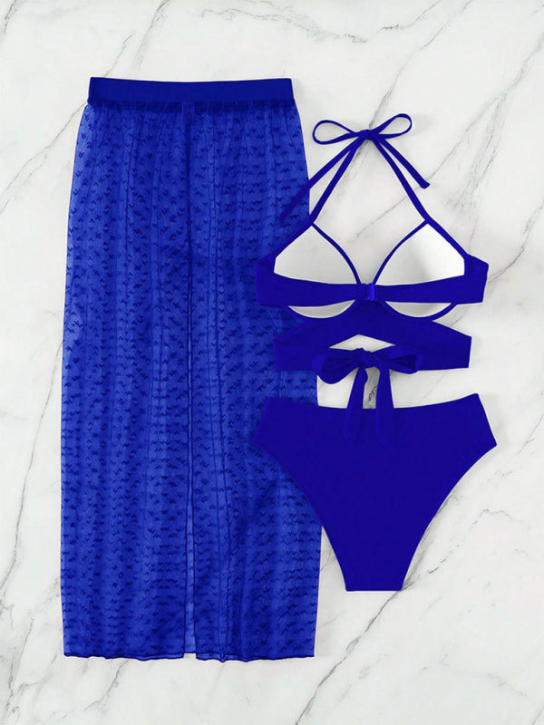 Women's Solid colour Bikini Mesh Skirt Three-piece Set