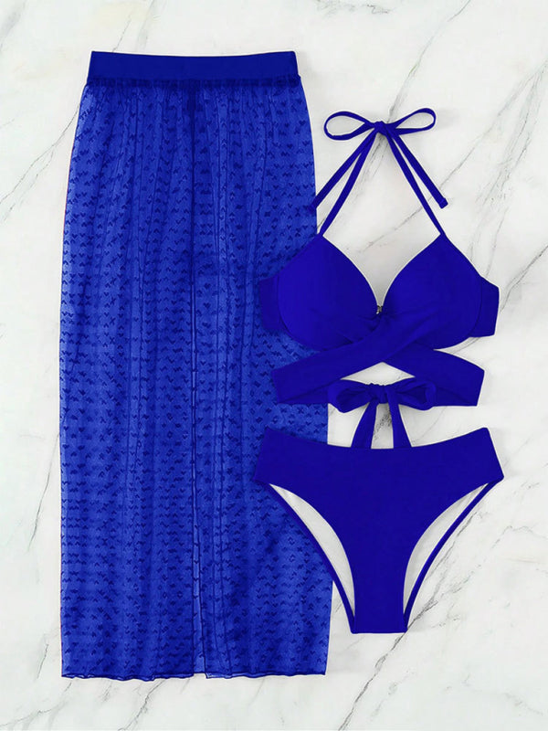 Women's Solid colour Bikini Mesh Skirt Three-piece Set