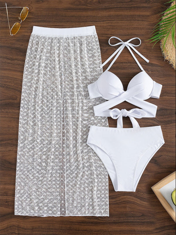 Women's Solid colour Bikini Mesh Skirt Three-piece Set