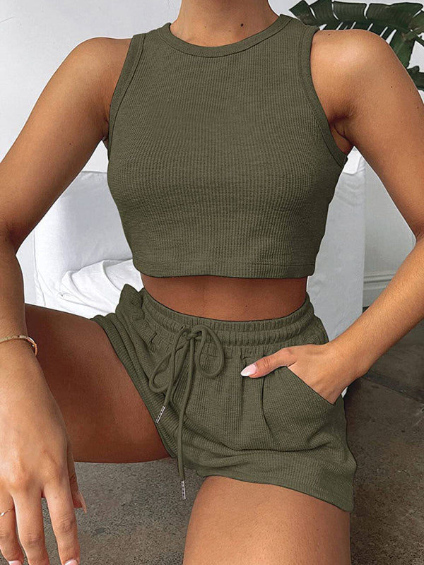 Women's Loose solid colour casual Sleeveless Shorts Set