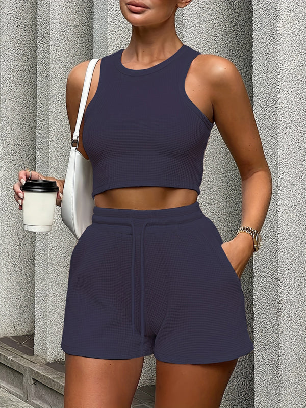 Women's Loose solid colour casual Sleeveless Shorts Set