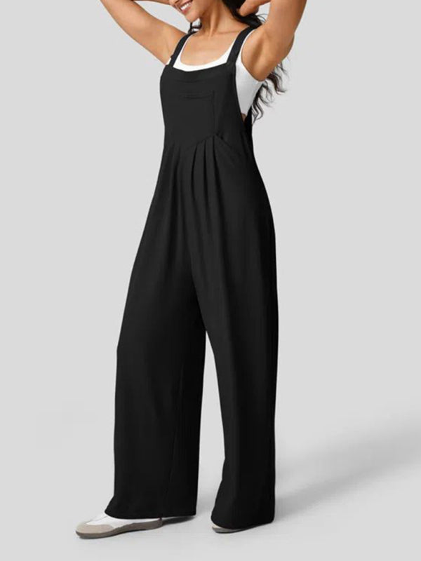 Women`s loose solid colour Button Pocket Overalls