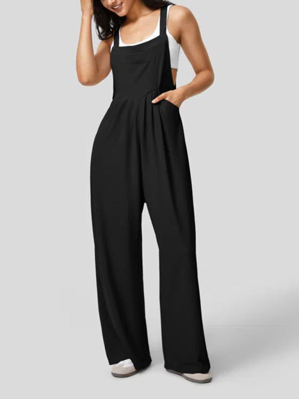 Women`s loose solid colour Button Pocket Overalls